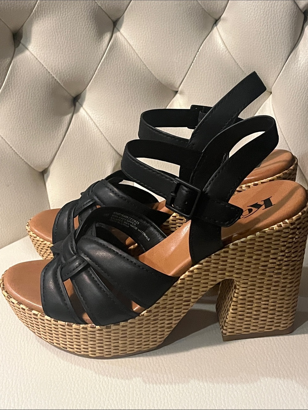 Kork-Ease Black Leather Woven-Platform Sandals - Picture 7 of 12